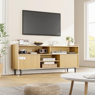 TV Stand, Entertainment Center with 2 Sliding Fluted Doors, Boho Wooden Media TV Console