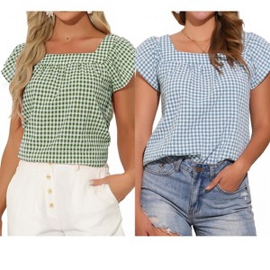 INSPIRE CHIC Women's Summer Square Neck Gingham Cap Sleeve Blouses 2 Packs - 1 of 4