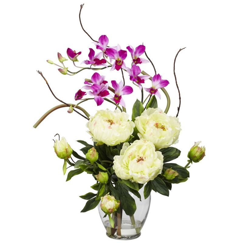 Nearly Natural 21.5-in Peony & Orchid Silk Flower Arrangement, 1 of 4