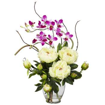 Nearly Natural 21.5-in Peony & Orchid Silk Flower Arrangement