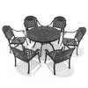 7-Piece Cast Aluminum Outdoor Dining Set with Red Cushions, Round Table & Stackable Chairs - for Patio, Backyard - 3 of 4