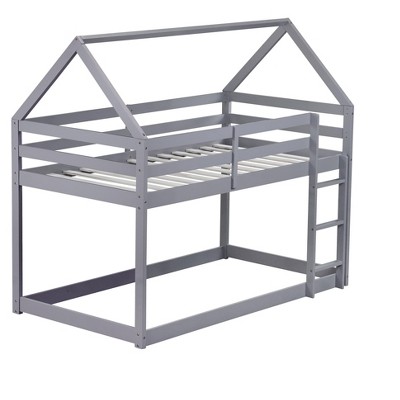 Dolonm Twin over Twin Rubber Wood Floor Bunk Bed, with ladder,Guardrails,House-Shaped-Bunk Bed