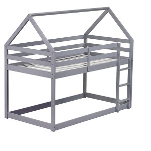 Dolonm Twin over Twin Rubber Wood Floor Bunk Bed, with ladder,Guardrails,House-Shaped-Bunk Bed - 1 of 4