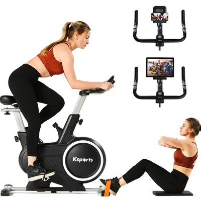 Ksports Home Magnetic Resistance Adjustable Cardio Exercise Stationary Bike for Home Gyms with LCD Screen, Straps, and Ab Mat, Black