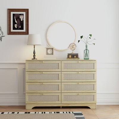 KTMBDW 8 Drawer Double Dresser, Natural Rattan Chest of Drawers for Bedroom, Boho Wooden Dresser Chest with Golden Handles, Living Room, Natural