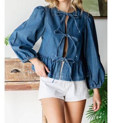 Women's Front Ribbon Long Sleeve Denim Top - Veveret