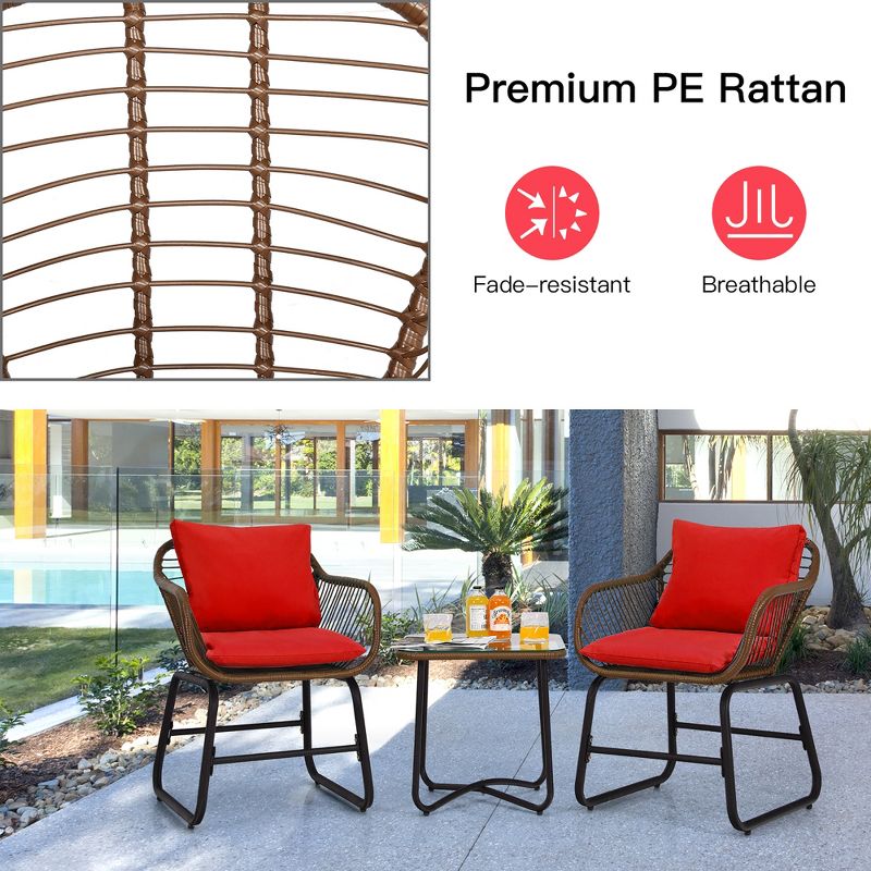 Costway 3PCS Patio Rattan Bistro Set Cushioned Chair Glass Table Deck White\Turquoise, 5 of 11