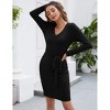 Women's 2025 Fall Sweater Dress V Neck Long Sleeve Ribbed Knit Tie Waist Bodycon Slim Fit Mini Dresses - 4 of 4