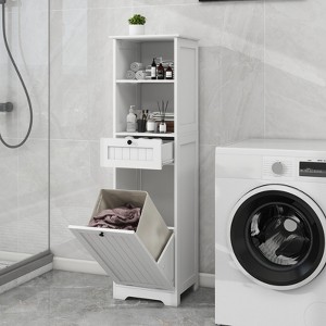 55'' Tall Bathroom Storage Cabinet, Hidden Tilt Out Laundry Hamper, Wooden Floor Cabinet For Laundry Room Living Room White - 1 of 4