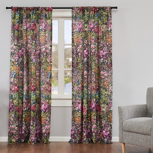 Sheer Floral Curtains 84 Inches Long 2 Panels, Red Peony Flower Curtains  for Living Room Bedroom Rod Pocket Light Filtering Slub Textured Window