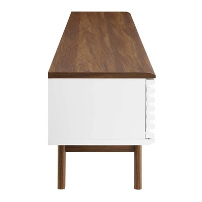Walnut and White Mid-Century Modern 70" TV Stand with Sliding Doors