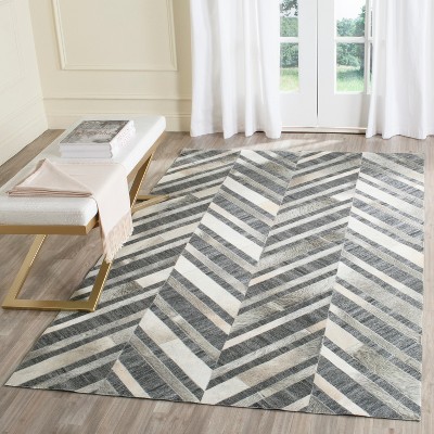 Ivory and Dark Grey Geometric Cowhide Area Rug, 8' x 10'