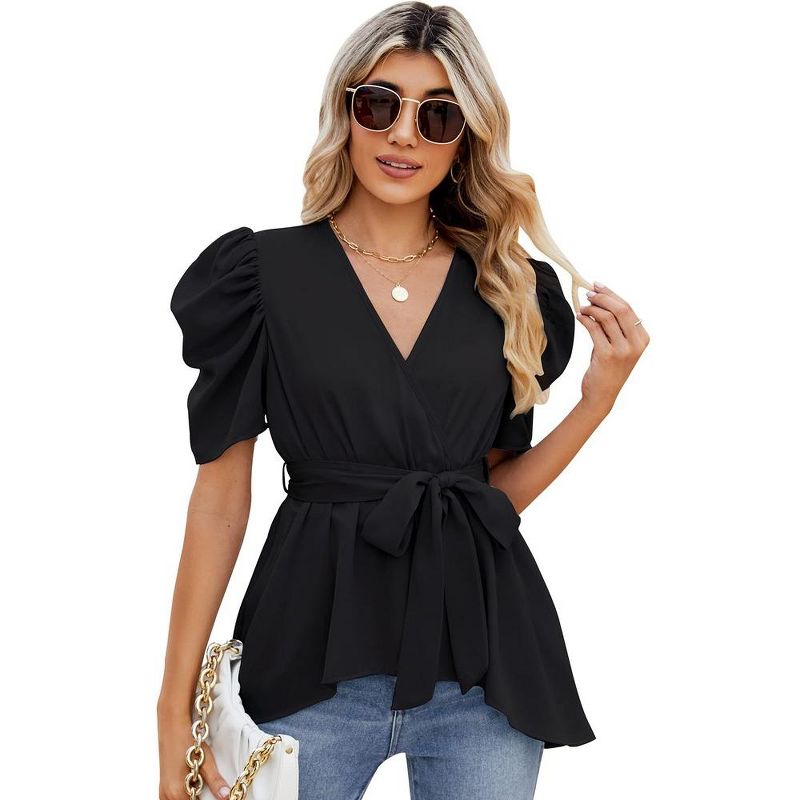 Peplum Tops for Women Dressy Sexy Deep V Neck Belted Tie Blouses Empire Waist Wrap Blouse Short Puff Sleeve, 5 of 8