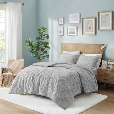 Kumasinova 2 PCS/3 PCS Embroidered Medallion Faux Fur Plush Comforter Set,Faux Mink Reverse Bedding Comforter Sets with Shams,Machine Washable