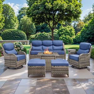 Gymojoy 7 Pieces Outdoor Patio Wicker Sofa Swivel Chair Ottoman with 6 Inch Cushions and Fire Pit Table - 1 of 4