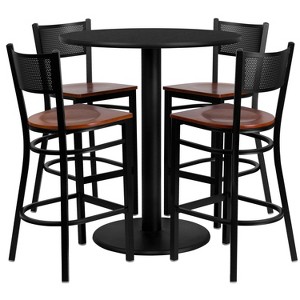 Emma and Oliver 36" Round Black Laminate Table Set, 4 Grid Back Metal Barstools - 1 of 2