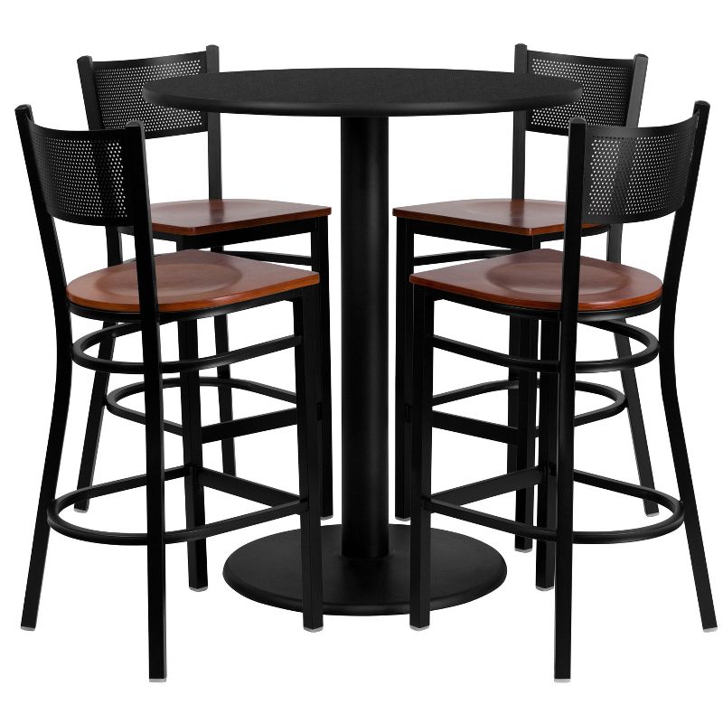 Flash Furniture 36'' Round Black Laminate Table Set with 4 Grid Back Metal Barstools - Cherry Wood Seat, 1 of 3