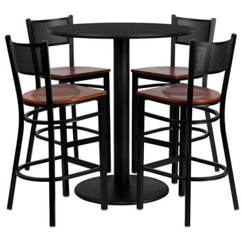Flash Furniture 36'' Round Black Laminate Table Set with 4 Grid Back Metal Barstools - Cherry Wood Seat