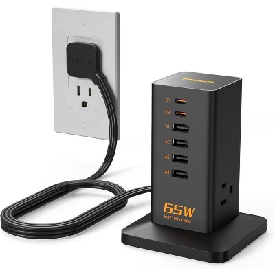 USB Charging Station for Multiple Devices PD 65W, 9-in-1 USB-C Charger for iPhone 16/15, MacBook, Tablet, with 3 AC Outlets, Type C Desktop Charger