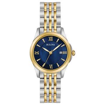 Bulova Ladies' Classic 3-Hand Date Quartz Two Tone Gold Stainless Steel Watch, Blue Dial 29mm