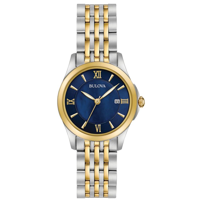 Bulova Ladies' Classic 3-Hand Date Quartz Two Tone Gold Stainless Steel Watch, Blue Dial 29mm, 1 of 5
