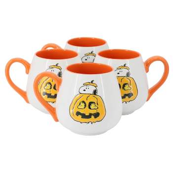 Peanuts Snoopy Halloween Pumpkin 4 Piece 20 Ounce Stoneware Mug Set in White and Orange