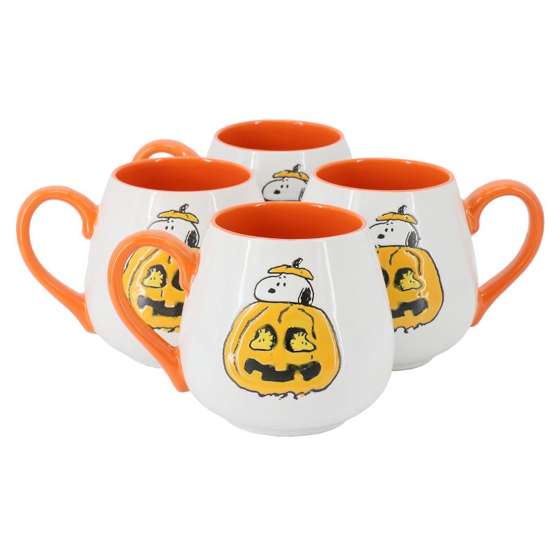 Peanuts Snoopy Halloween Pumpkin 4 Piece 20 Ounce Stoneware Mug Set in White and Orange, 1 of 7