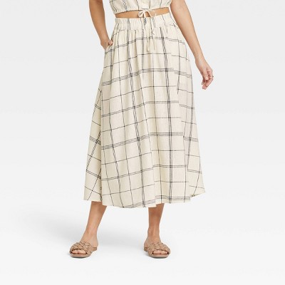 Women's Smocked Waist Mid-Rise Linen A-Line Skirt - A New Day™