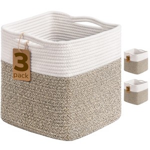 Aoibox Cube Storage Bins 11x11 Rope Woven Baskets for Organizing Shelves 3 Pack with Handles and Labels White Brown - 1 of 4