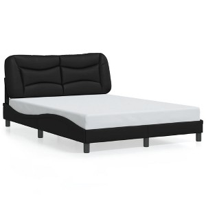 vidaXL Full-Size Bed Frame & Headboard in Black Faux Leather with Waved Design, Plywood Slats & Plush Cushion - Elegant Bedroom Furniture - 1 of 4