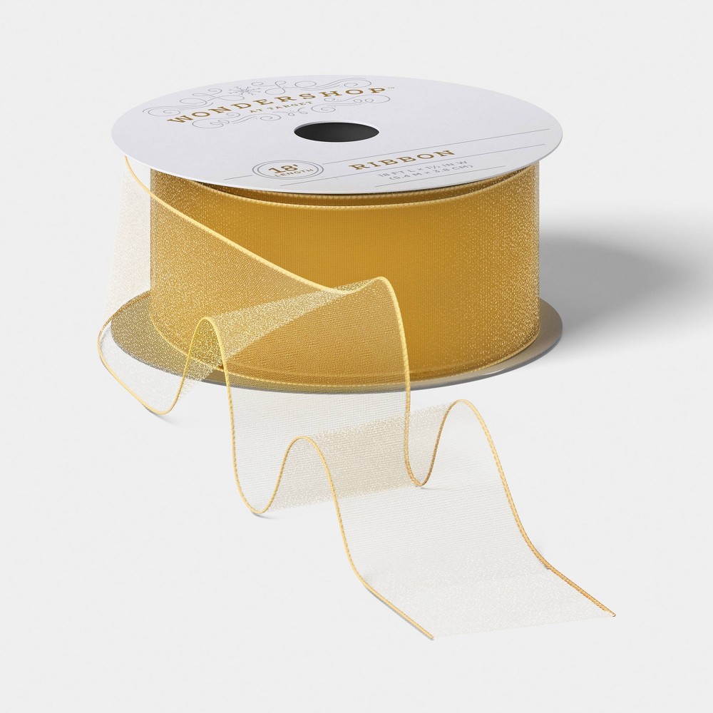 18'x1.5" Christmas Cozy Glow Premium Ribbon Gold Sheer - Wondershop™