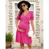 Maternity V Neck Swiss Dot Dress Summer Casual Short Sleeve Flowy Midi Dress Belt Photoshoot Baby Shower Rose Red M - 2 of 4