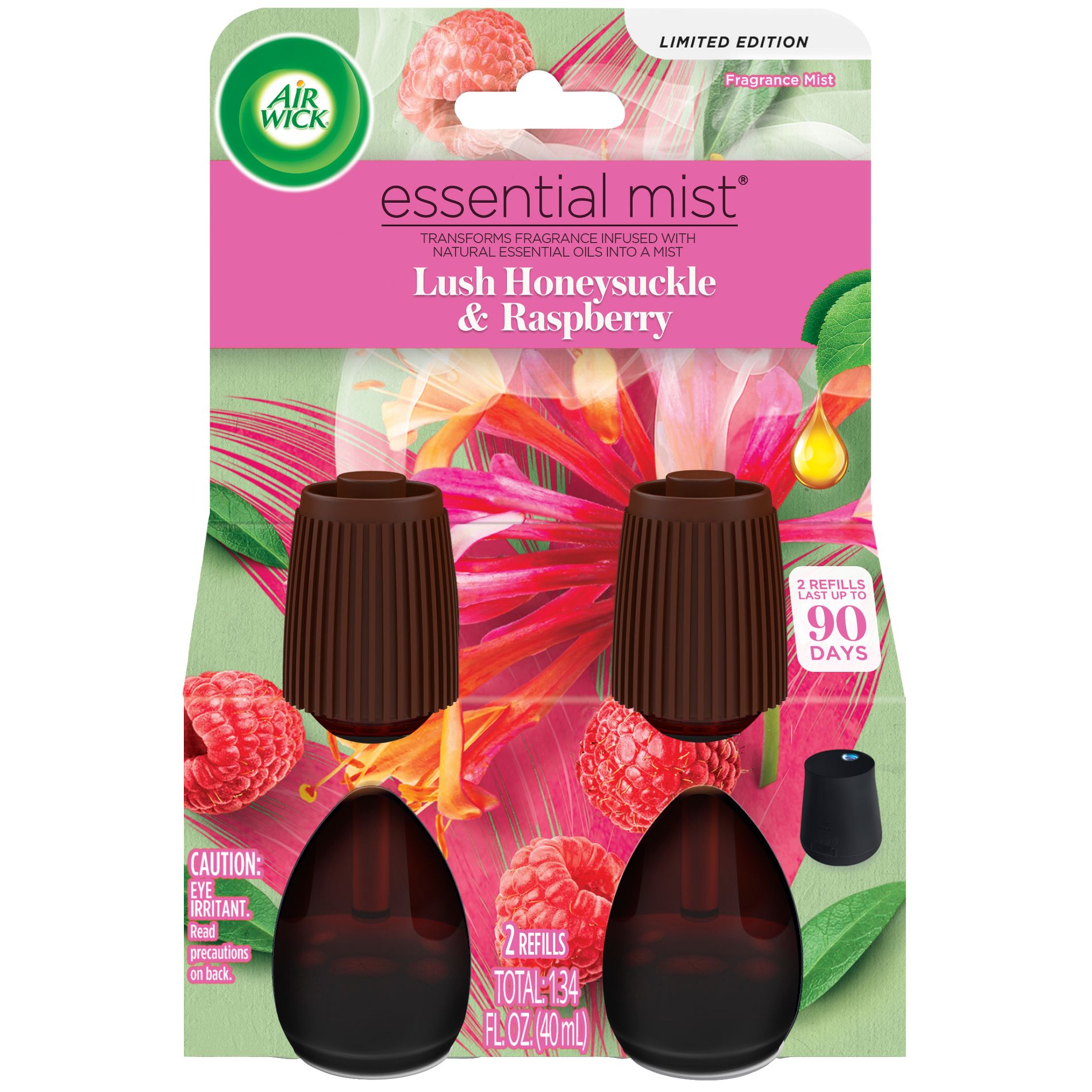 Air Wick Essential Mist - Lush Honeysuckle and Raspberry - 1.34oz: Spring, Electric, Oil, 2-Pack