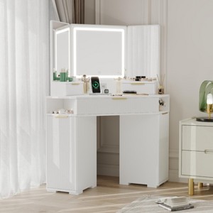 Corner Vanity Desk, Vanity Table with Lighted Mirror, Fluted Makeup Desk with Drawers and Cabinets, Corner Dressing Table with Charging Station - 1 of 4