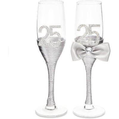  Sparkle and Bash 25th Anniversary Champagne Flutes Glasses for Toasting Party Celebration Gift, Set of 2, Silver 