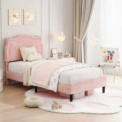 Whizmax Twin Upholstered Smart LED Bed Frame with Adjustable Headboard,PU Leather Platform Bed Frame for Kids,Wooden Slat Support,No Box Spring Needed
