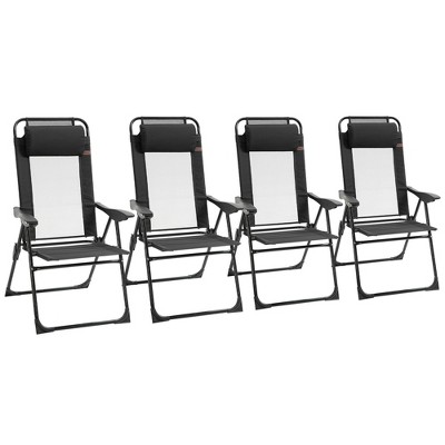 Outsunny Set of 4 Folding Patio Chairs, Camping Chairs with Adjustable Sling Back, Removable Headrest, Armrest for Garden, Backyard, Lawn, Black
