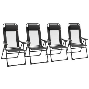 Outsunny Set of 4 Folding Patio Chairs, Camping Chairs with Adjustable Sling Back, Removable Headrest, Armrest for Garden, Backyard, Lawn, Black - 1 of 4