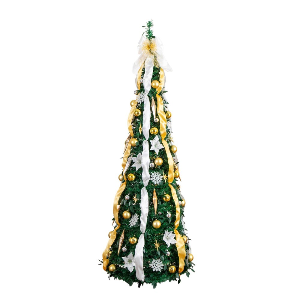 Nearly Natural 6' Pre-Lit Artificial Pop up Christmas Tree with Gold and Silver Ornaments and Ribbons
