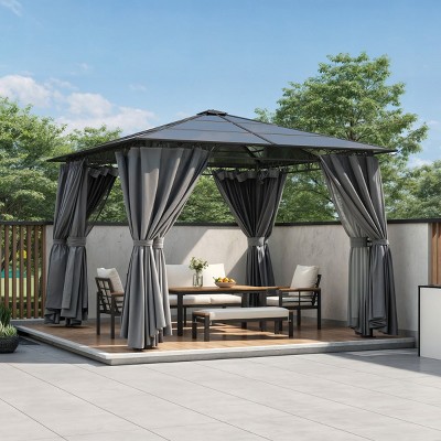 10'x10' Hardtop Gazebo with Polycarbonate Roof, Outdoor Patio Shelter with Mosquito Netting and Privacy Curtains – Cuddlewood