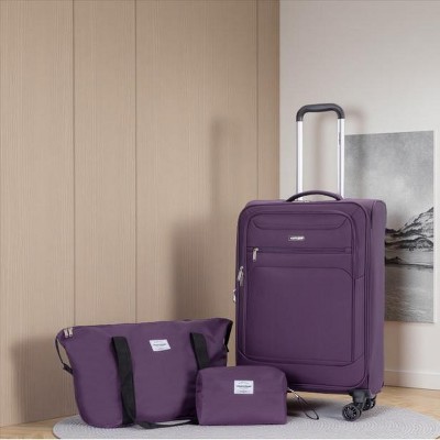Vynxaria 3-Piece Purple Softshell Luggage Set 18" Spinner Suitcase Travel Bag Toiletry Pouch Lightweight Durable