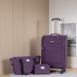 Vynxaria 3-Piece Purple Softshell Luggage Set 18" Spinner Suitcase Travel Bag Toiletry Pouch Lightweight Durable - 1 of 4
