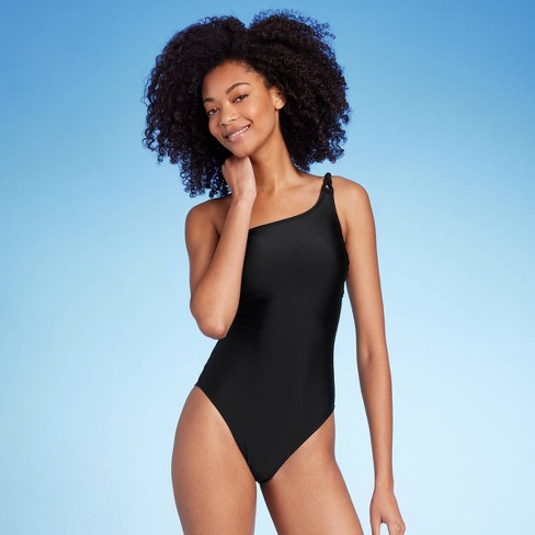 Women's Knot Detail One Shoulder One Piece Swimsuit - Shade & Shore™ Black  XS