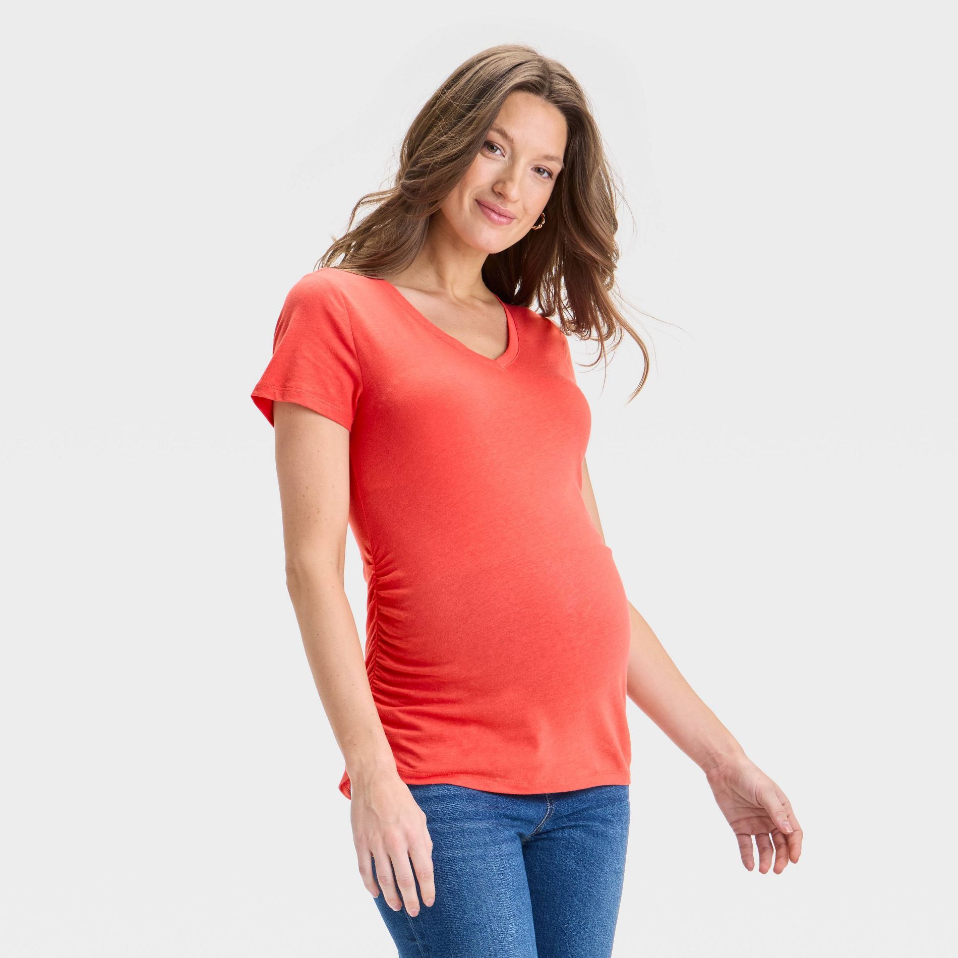 Short Sleeve V-Neck Maternity T-Shirt - Isabel Maternity by Ingrid & Isabel™ Coral Pink M: Cotton Modal Knit, Pullover Style