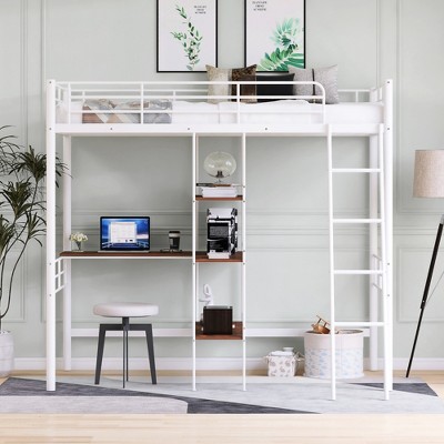 VYNXARIA Twin Size Metal Loft Bed and Built-in Desk and Shelves,White