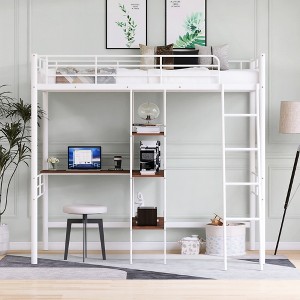 VYNXARIA Twin Size Metal Loft Bed and Built-in Desk and Shelves,White - 1 of 4