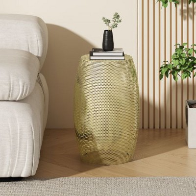Modern Gold Drum-Style Outdoor End Table, Accent Table for Patio or Indoor Use, Round Hollow Patio Side Table -Christopher Knight Home
