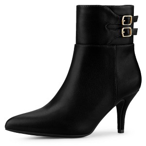 Allegra K Women's Pointed Toe Buckle Stiletto Heels Ankle Boots - 1 of 4