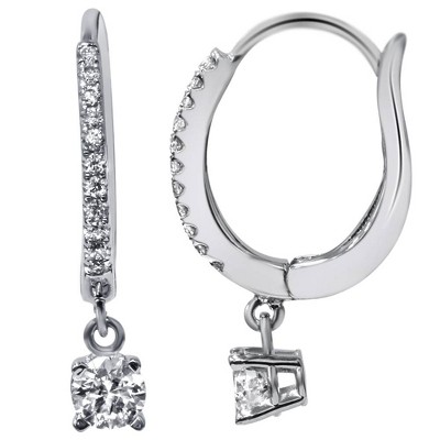 Pompeii3 1/2ct Pave Diamond Hoop Dangle Lever Back Earrings 18K White Gold 1" Tall