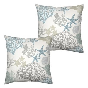 Summer Beachy Pillow Covers 18X18 Set of 2 Blue Grey Coral Coastal Seashell Starfish - 1 of 3